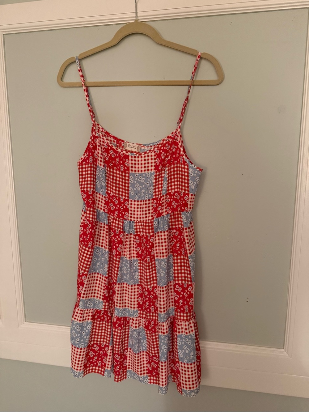 Altar'd State Red & Light Blue Patchwork Spaghetti Strap Sundress